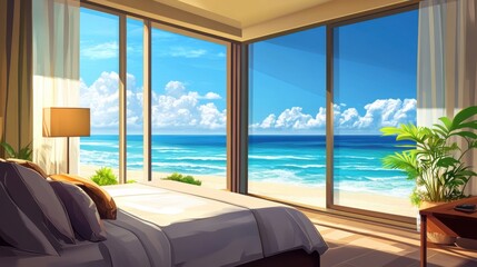 Fototapeta premium A bedroom with a view of the ocean and large windows, AI