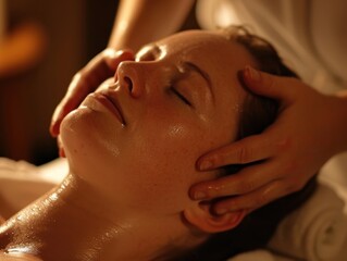 Woman receiving a relaxing facial massage in a serene spa setting during the evening