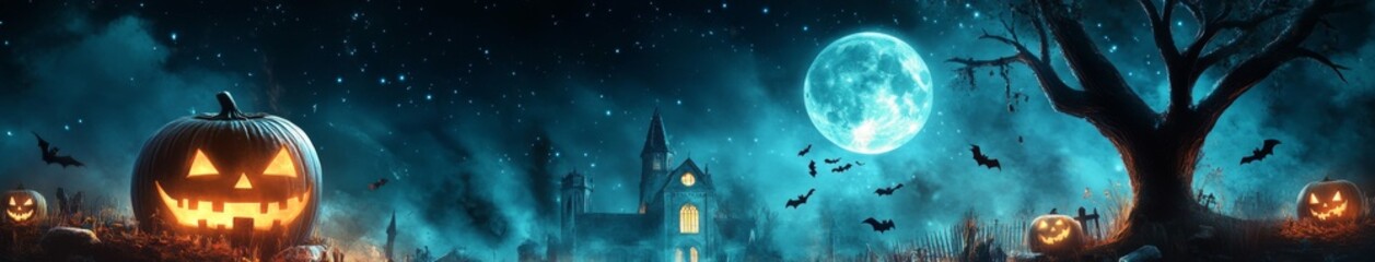 Fototapeta premium Halloween Festive Mania: Eerie Night of Moonlit Bats, Haunted Church, and Pumpkin Zombies Emerging from the Graveyard.