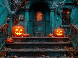 Obraz premium Central empty 3D podium in a haunted house setting, with Jack-o'-lanterns glowing on the steps. Spooky ghost posters on the walls, cobwebs hanging from the ceiling, and candy placed in ghostly hands