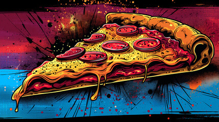 It is a pizza ad designed like a comic book cover. It's a pop art pizza ad. Pizza advertisement banner with copy space.	