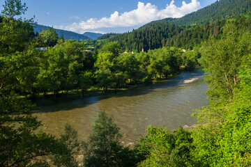 Obraz premium Beautiful landmark near the Borjomi with Kura river and mountain forest.