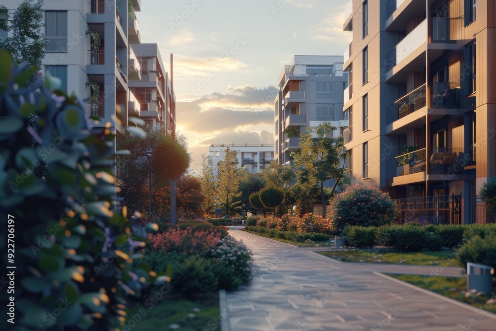 Poster a pathway between two buildings with a sunset in the background, suitable for use as an architectura
