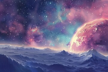 Breathtaking cosmic landscape with a distant planet, shining stars, and colorful nebulae.