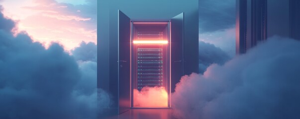 Open cloud server door with glowing neon lights and surrounding mist in a futuristic data center