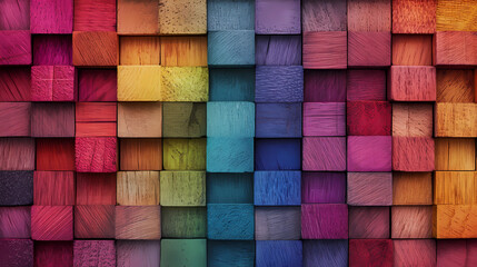 Colorful Geometry: Wooden Wall Background with 3D Rainbow Cubes