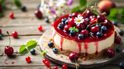 A delicious cheesecake topped with juicy cherries and blueberries. The vibrant colors capture the essence of summer desserts. Perfect for food lovers. Enjoy the sweetness. AI