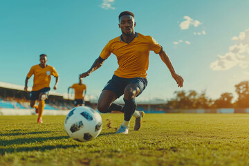 Obraz premium Dynamic soccer match featuring athletes in vibrant jerseys competing on a sunny day in an outdoor stadium