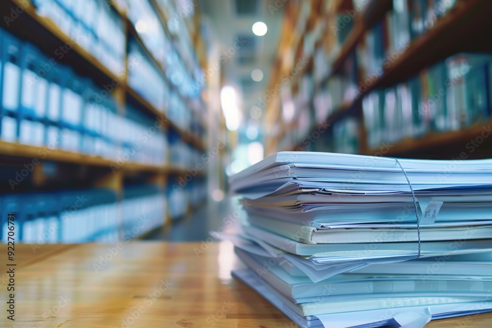 Poster a stack of papers and documents piled high on a wooden table, suitable for office or study scenes