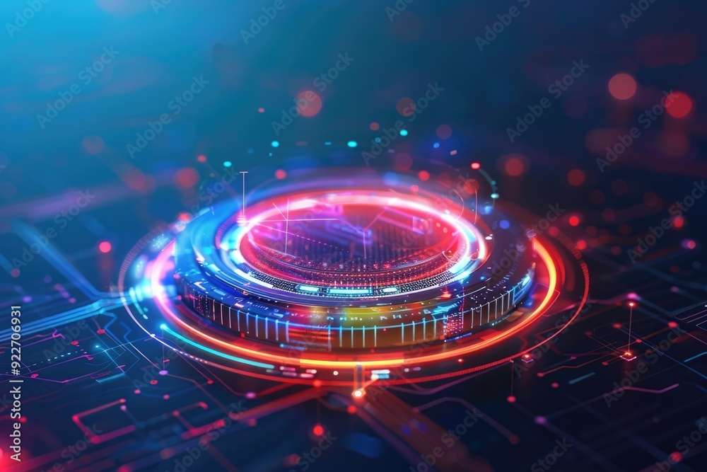 Poster A computer circuit with a glowing LED circle on top, suitable for technology and innovation concept images