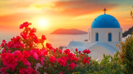 Naklejka premium A serene sunset over Santorini showcasing vibrant pink flowers and a classic blue-domed church. This picturesque scene embodies Mediterranean beauty and tranquility. AI