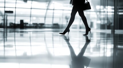 Fototapeta premium Silhouette of Woman in Heels Walking on Shiny Floor in an Airport