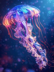 Naklejka premium A vibrant jellyfish floats gracefully in a deep blue ocean, illuminated by soft light.