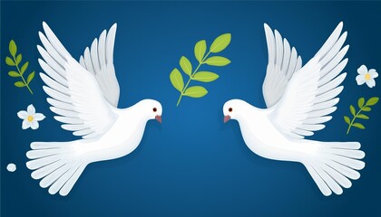 Obraz premium Two white dove fly on blue background. Template vector illustration greeting card