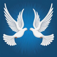 Obraz premium Two white dove fly on blue background. Template vector illustration greeting card