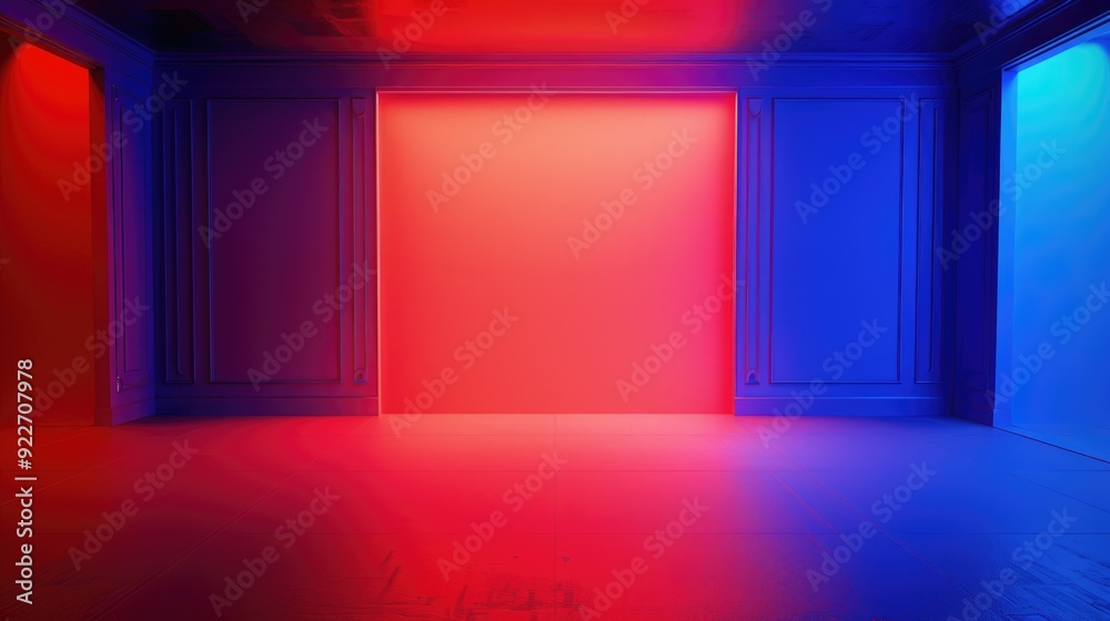 Poster a empty room lit by red and blue lights, suitable for abstract or futuristic concept images