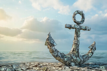 Fototapeta premium An anchor forged from crumpled dollar bills rests upon a serene ocean under a cloudy sky at sunset