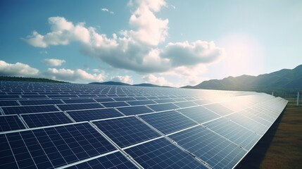A photo of a solar farm with rows of photovoltaic panel