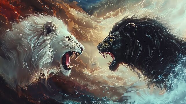 A white lion and a black lion face off against each other, their mouths open in a fierce roar. The background is a blur of white and gold, suggesting a battle between light and darkness.