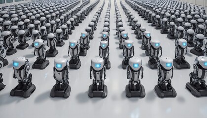 Fototapeta premium Rows of identical AI robots, wall paper
