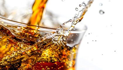Cola is pouring into glass on white background