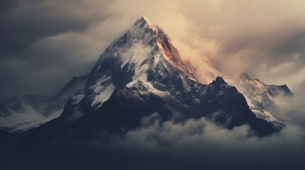 A majestic mountain peak shrouded in clouds, illuminated by soft light.
