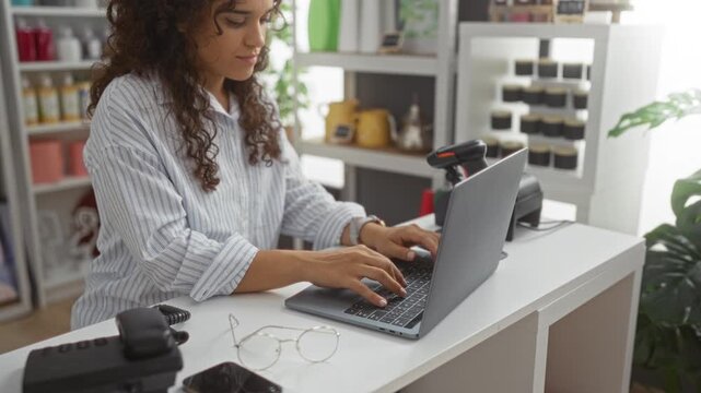 Young woman working on laptop in a home decor store with various colorful items and plants in the background