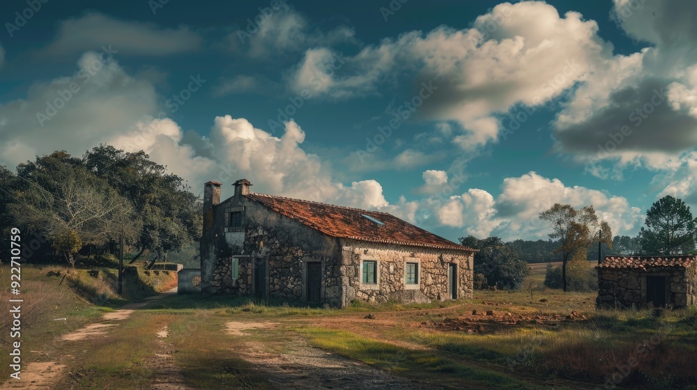 Poster A rustic old stone house surrounded by a field with trees in the background