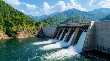 A hydroelectric power station integrated into a natural landscape, generating clean energy without disrupting ecosystems