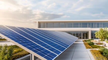 A modern, eco-friendly airport terminal with solar panels, rainwater harvesting, and green spaces