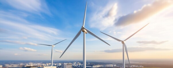 Fototapeta premium A city skyline with wind turbines on rooftops, generating electricity for local use