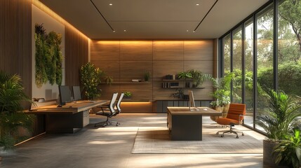 Fototapeta premium Modern executive office interior with wooden walls, desks, and large windows overlooking a green garden.
