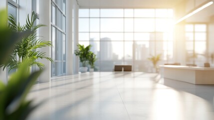 Obraz premium Modern office interior with large windows and plants, illuminated by sunlight.
