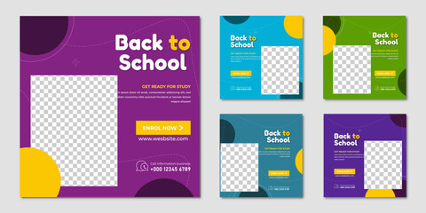 Back to school Collection Five study abroad education backgrounds 0f school admission square flyer poster templates social media pack banner design templates set