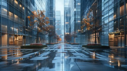 Modern urban architecture with sleek glass buildings and innovative design elements