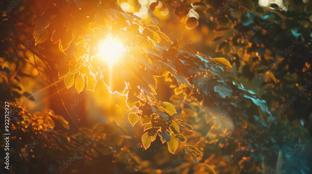 Poster A sunny day with light shining through tree leaves, great for outdoor or nature scenes