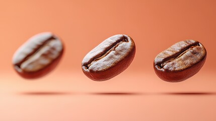 Three coffee beans levitate against a soft orange background, highlighting their rich texture and promising a fresh aroma.
