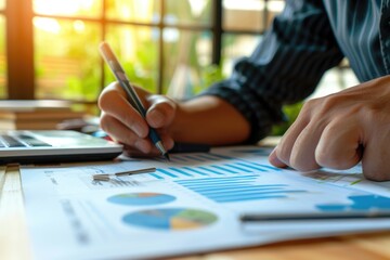 A person sits at a desk with a laptop and pen, focused on their work