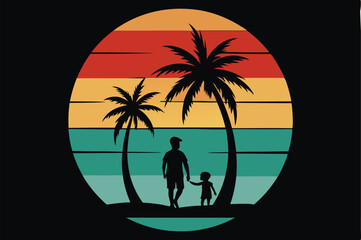 Retro vintage style sunset, palm tree, Adobe Illustrator illustration, 16k, with sunset style and mom and son silhouette, T - shirt design, T - shirt graphic, retro vintage style circle., illustration