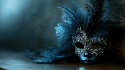 A stunning masquerade mask adorned with elaborate feathers and intricate silver details, set against a soft-focus background of deep blue hues.