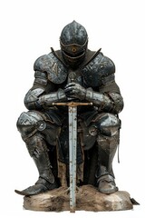 A statue of a man in armor holding a sword, suitable for medieval-themed illustrations or decorative elements