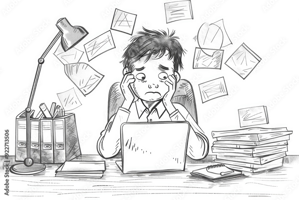 Poster a person sitting at a desk using a laptop computer, suitable for office or workspace scenes