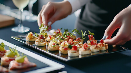Close-up of a waitress&rsquo;s hands arranging a platter of gourmet appetizers on a sleek black tablecloth at a high-end corporate event