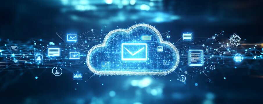 Digital cloud with various icons representing online services and data storage