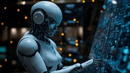 Fototapeta premium White humanoid robot analyzing digital data on a glowing blue screen in a dark futuristic laboratory.