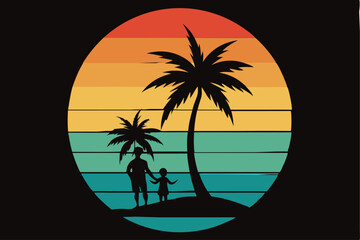 Retro vintage style sunset, palm tree, Adobe Illustrator illustration, 16k, with sunset style and mom and son silhouette, T - shirt design, T - shirt graphic, retro vintage style circle., illustration
