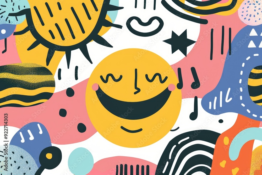 Poster A smiling face made from a repeating pattern of shapes and colors