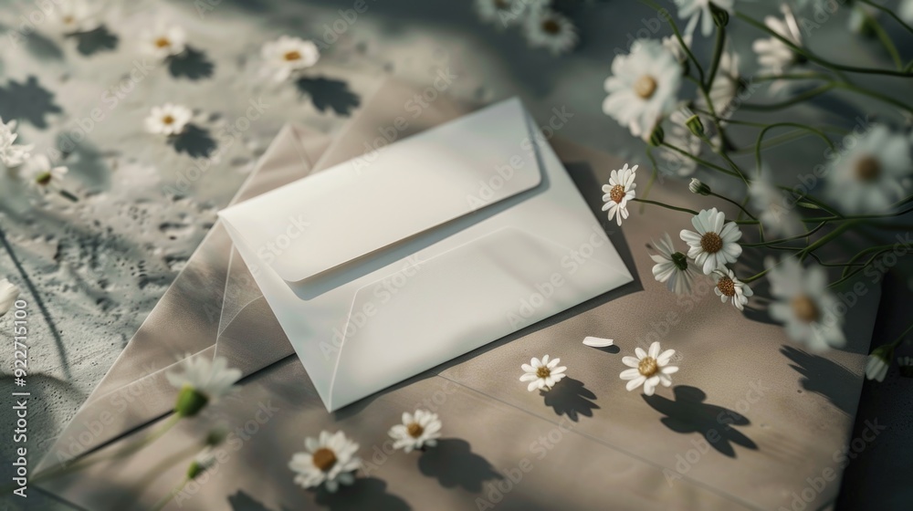 Poster a white envelope sitting on top of a sheet of paper, simple and clean design