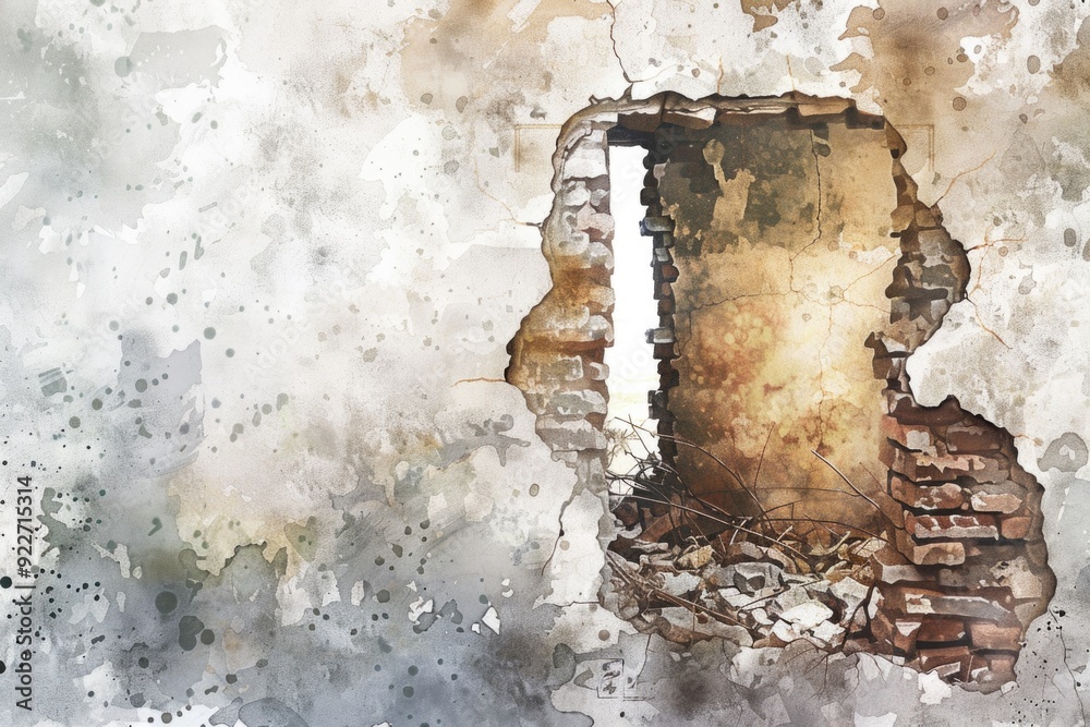 Poster a worn-out brick wall with a hole in it, perfect for use as a background or for representing destruc