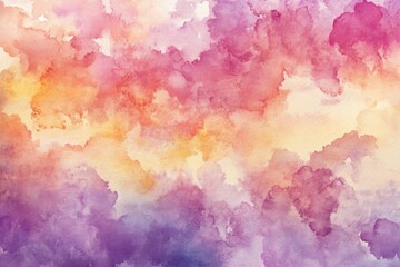Abstract watercolor painting with vibrant blends of purple, pink, orange, and yellow hues creating a cloud-like effect.